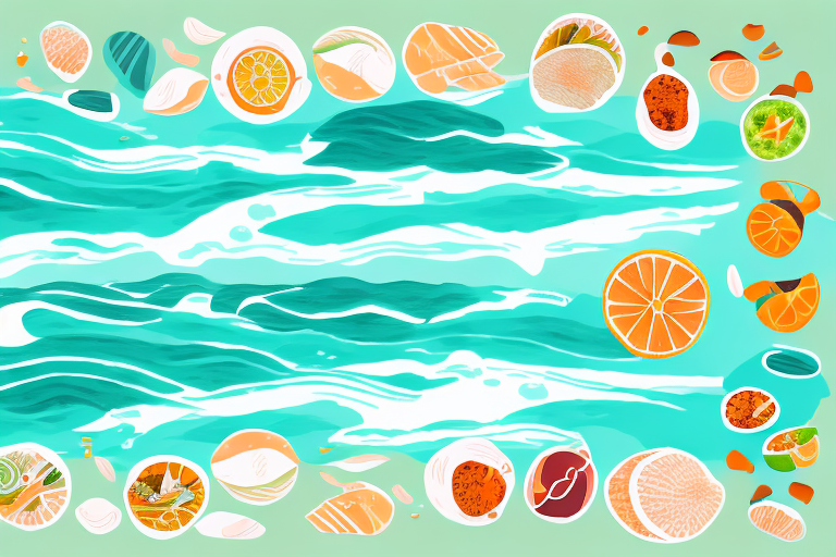 A beach scene with a variety of healthy food options