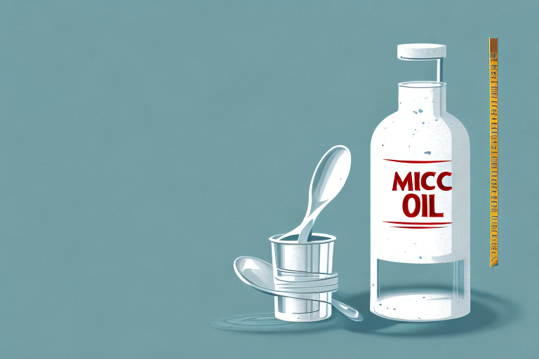 A bottle of mct oil with a spoon and a measuring cup