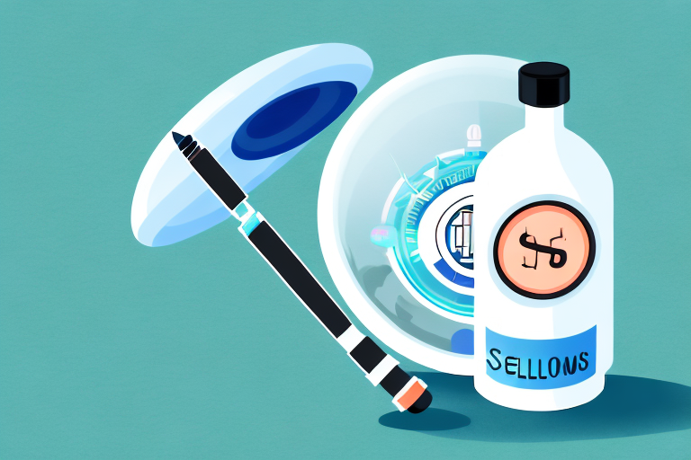 A bottle of selenium supplements with a magnifying glass hovering over it