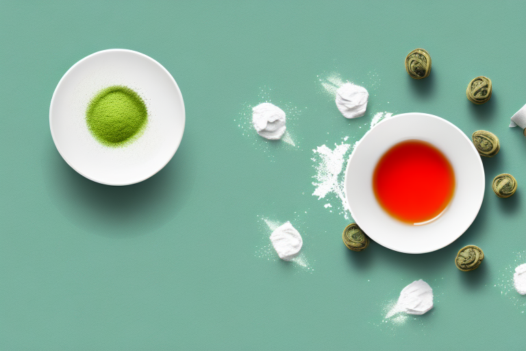 A teacup with a green tea bag and a pile of white powder next to it