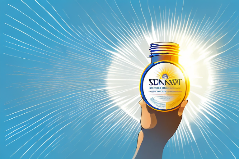 A sunbeam shining down on a bottle of vitamin d supplements