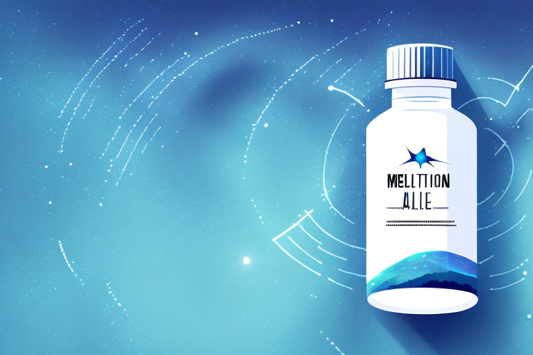 A melatonin supplement bottle with a background of a night sky