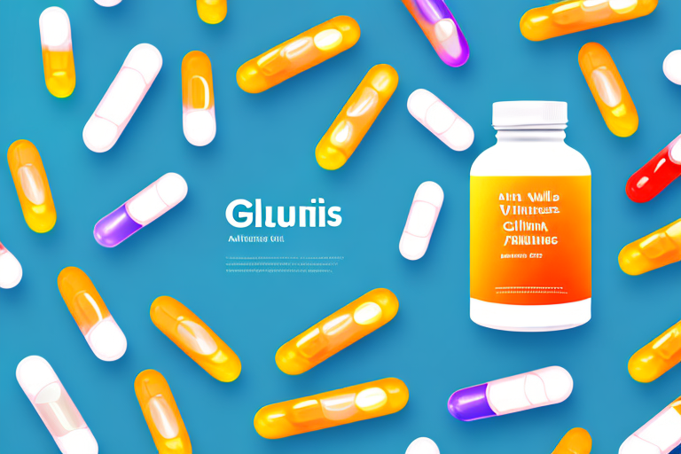 A bottle of glucosamine capsules with a background of colorful vitamins and minerals