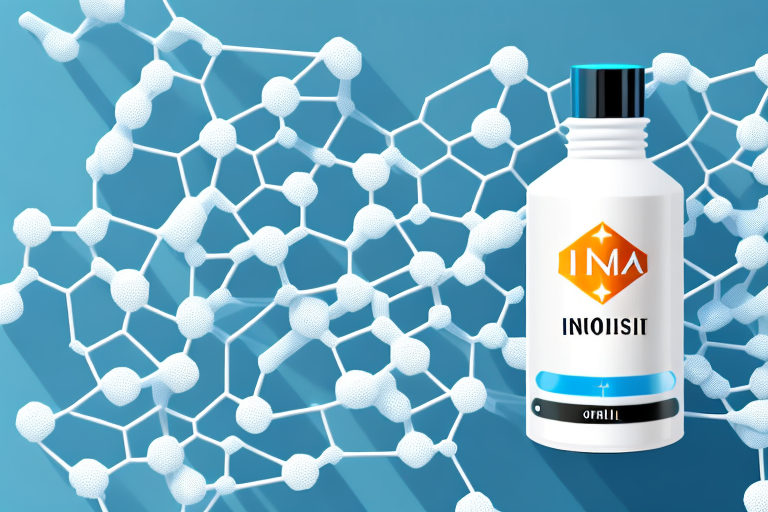 A bottle of inositol capsules with a background of a molecular structure of inositol