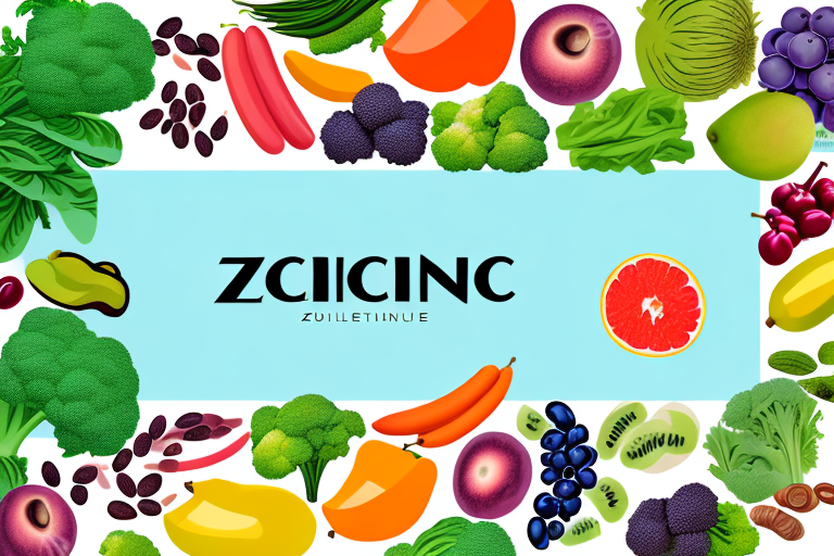 A bottle of zinc supplements surrounded by a variety of fruits and vegetables