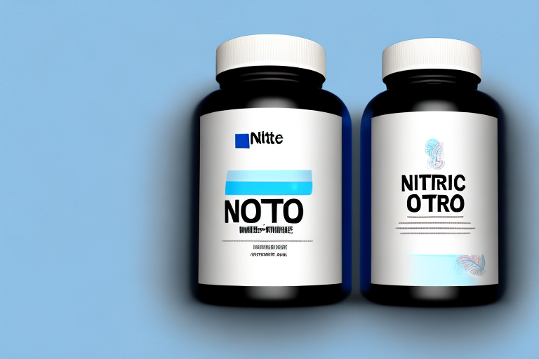 A bottle of nitric oxide supplement capsules with a label on the front