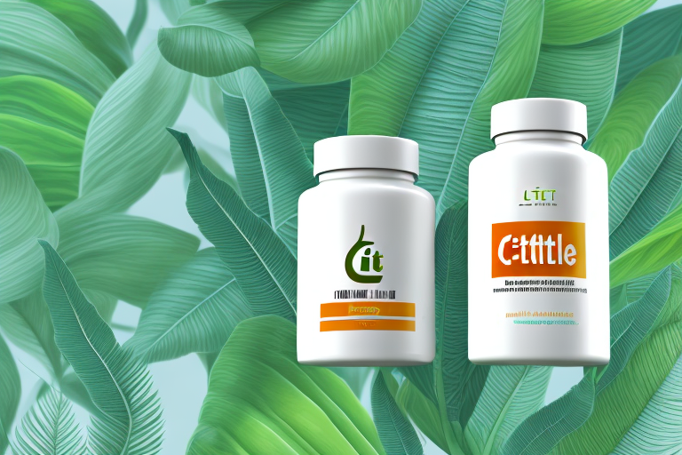 A bottle of l-citrulline supplement capsules with a plant in the background