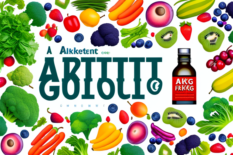 A bottle of aakg supplements surrounded by a variety of colorful fruits and vegetables