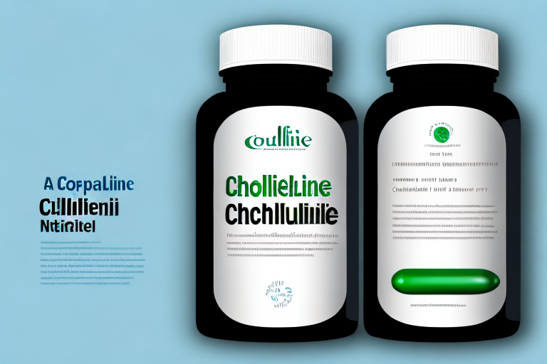 A bottle of choline supplement capsules with a label and nutritional information