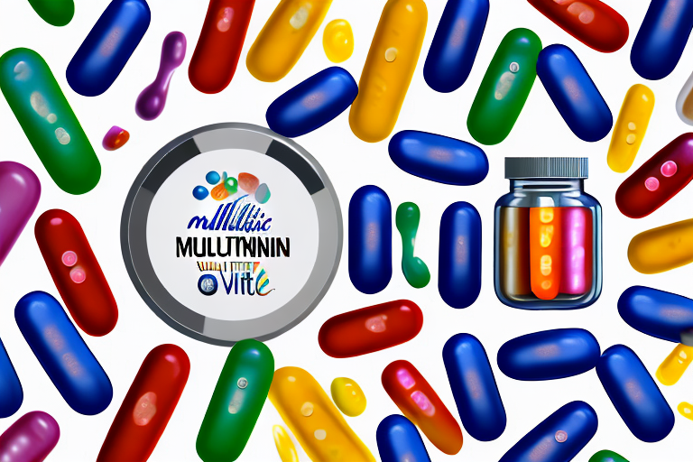 A variety of colorful multivitamin pills spilling out of a bottle