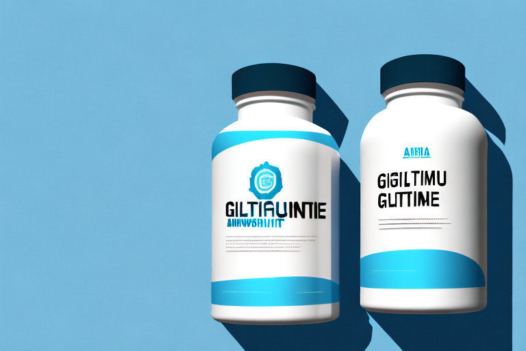 A bottle of glutamine supplements with a scoop of powder next to it