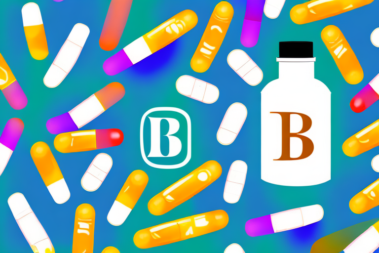 A colorful vitamin b6 supplement bottle with a cross-section of the pill inside