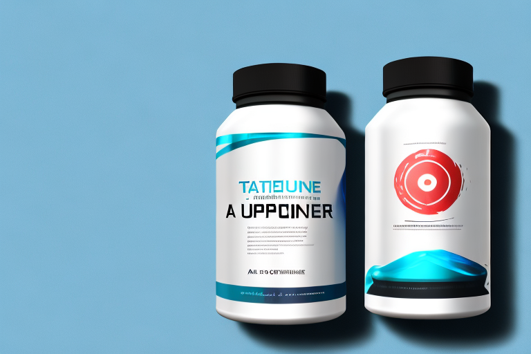 A bottle of taurine supplement capsules with a label and a scoop of powder