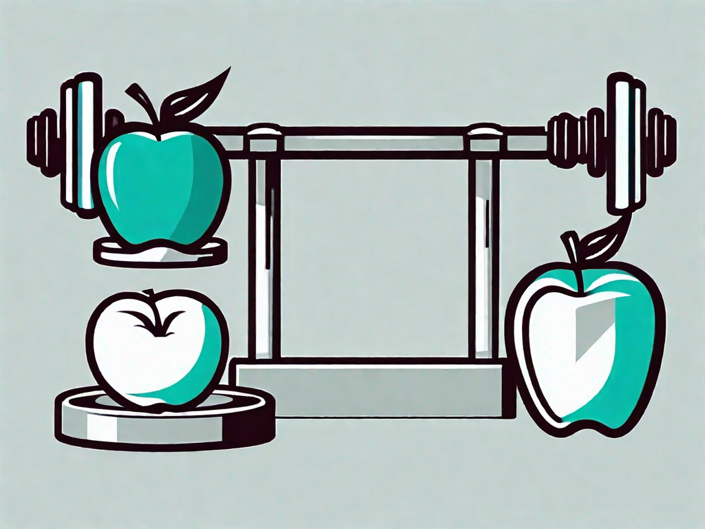 A scale balanced evenly with a dumbbell on one side and an apple on the other