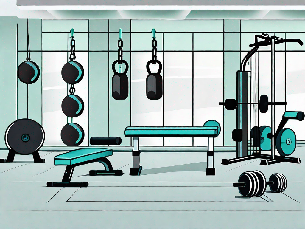 A gym setting with various types of workout equipment like dumbbells