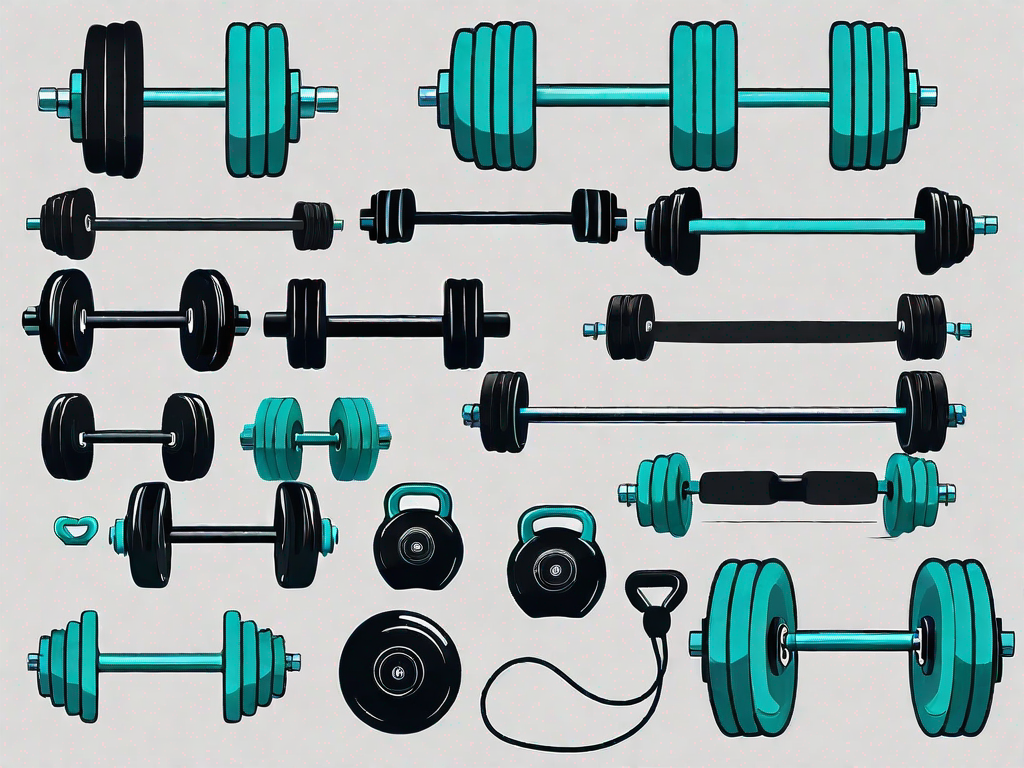 Various gym equipment like dumbbells