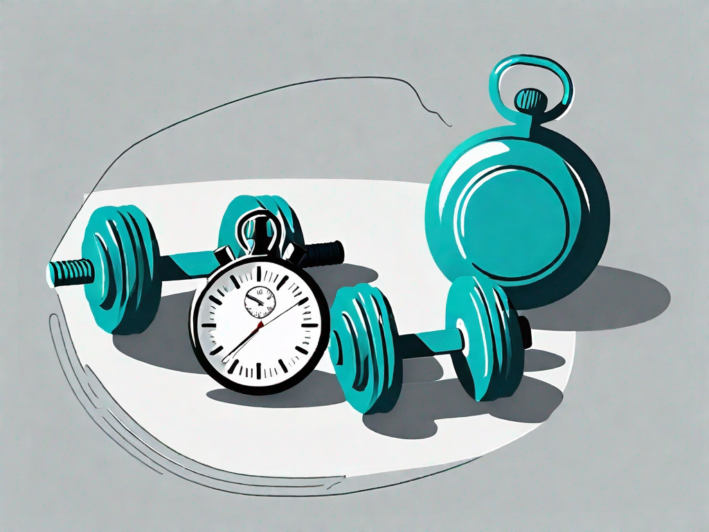 A set of dumbbells next to a stopwatch