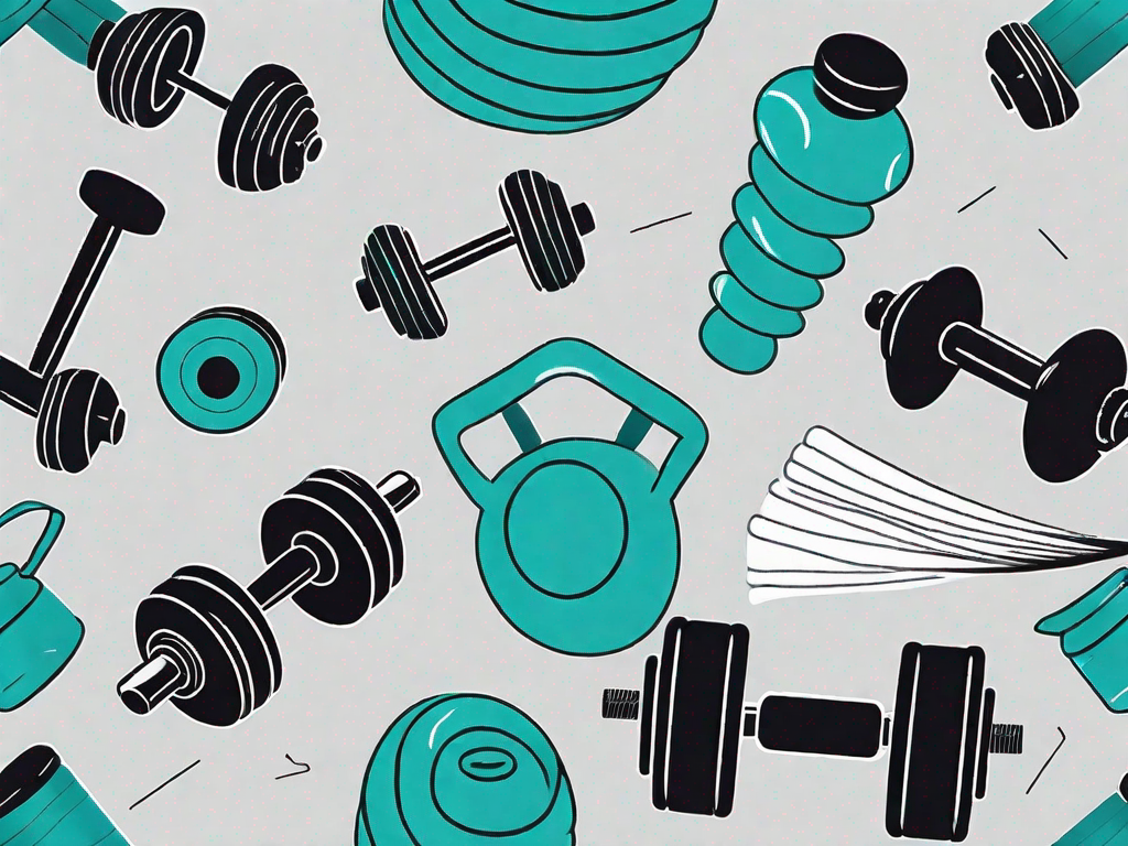 A variety of gym equipment like dumbbells