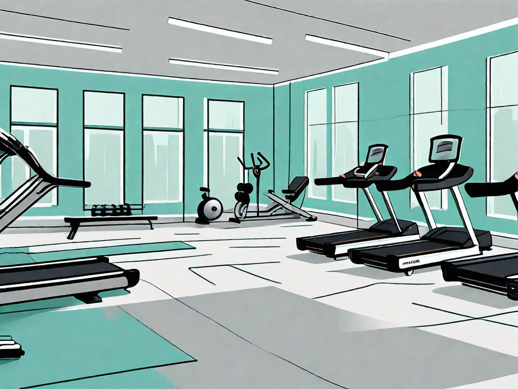 A gym setting with a few workout stations like treadmills