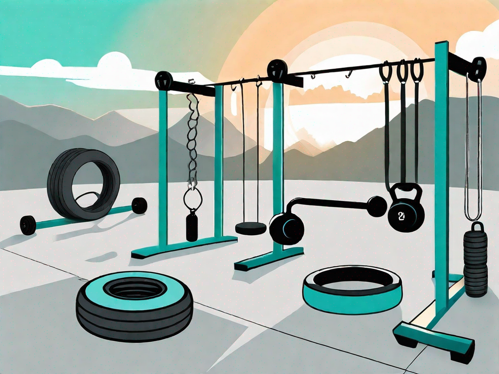 A boot camp setting with various workout equipment like dumbbells