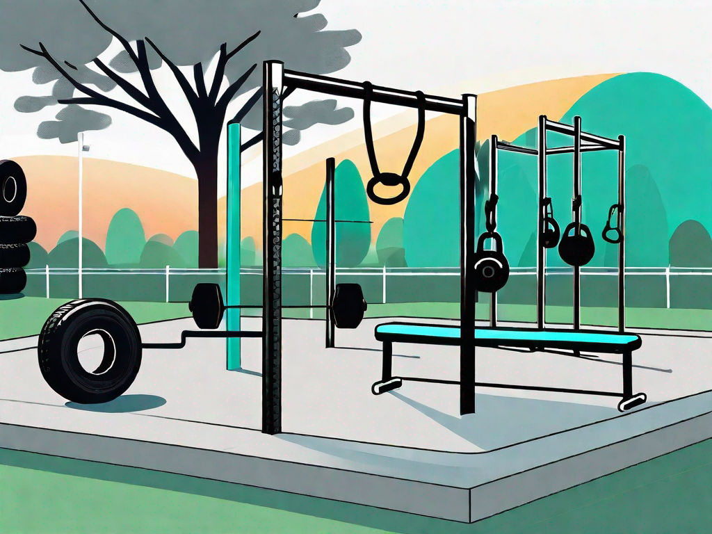 A fitness boot camp setup in a park with various workout stations like hurdles