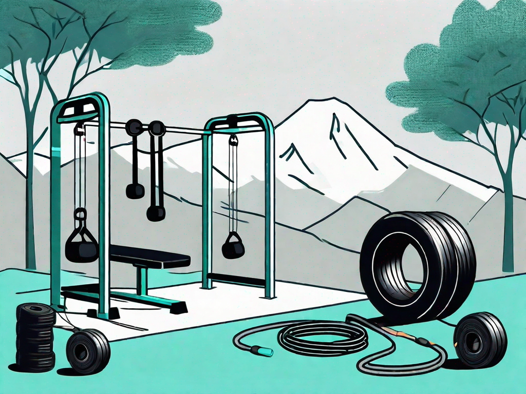 A fitness bootcamp setting with various gym equipment like dumbbells