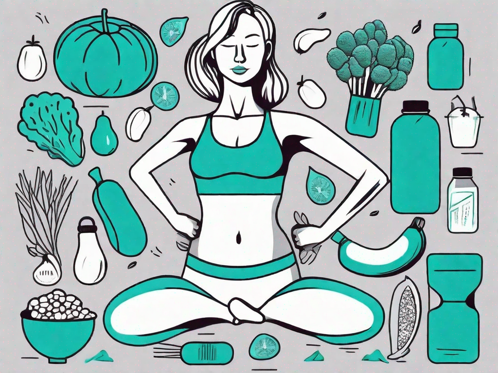 A flat stomach silhouette surrounded by healthy food items and exercise equipment