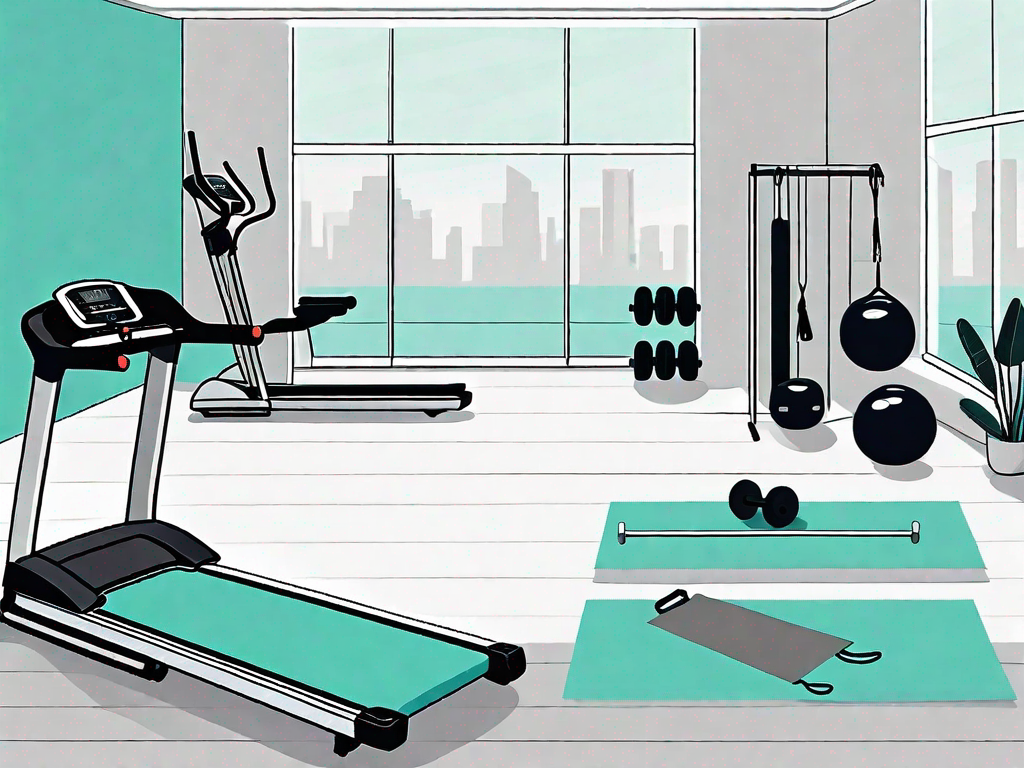 A variety of beginner-friendly gym equipment like a treadmill
