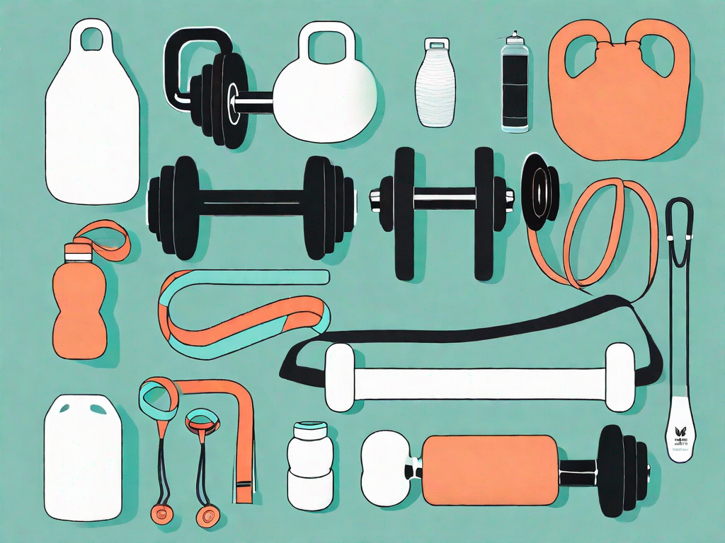 A set of various exercise equipment like dumbbells