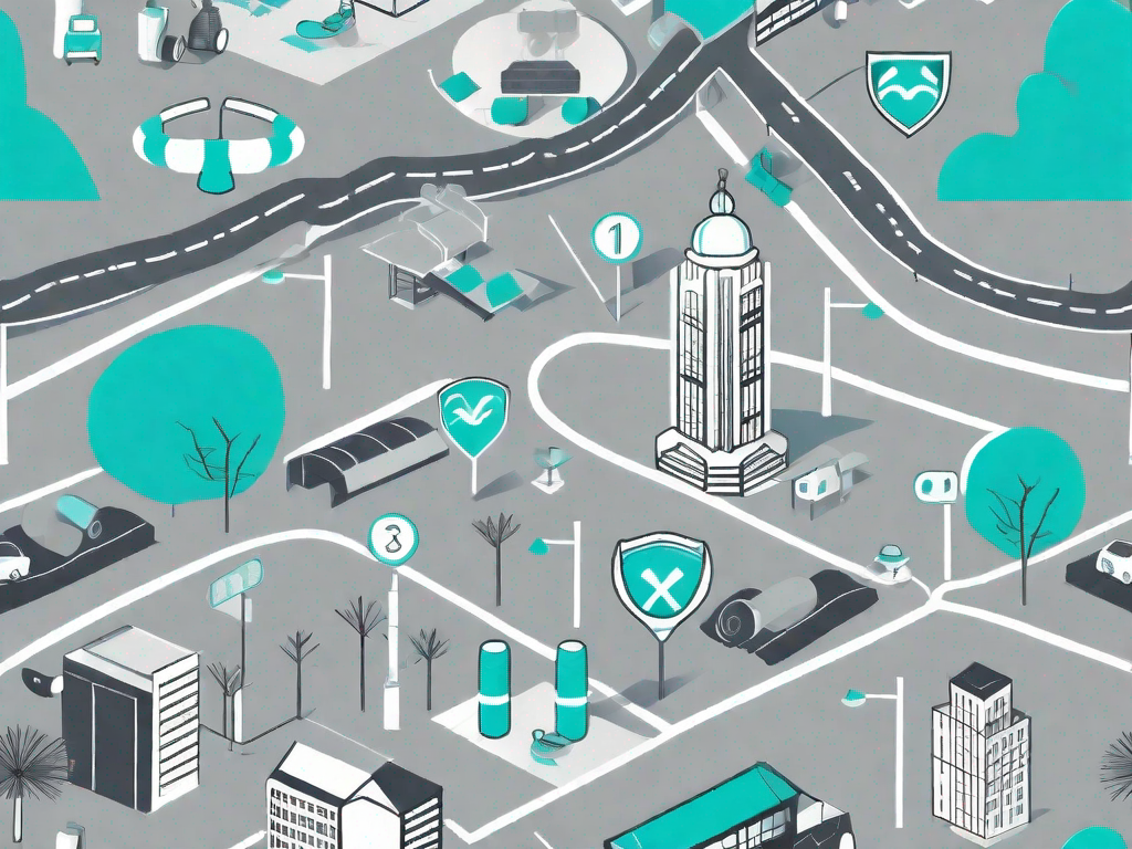 A city map with symbolic icons of fitness equipment (like dumbbells