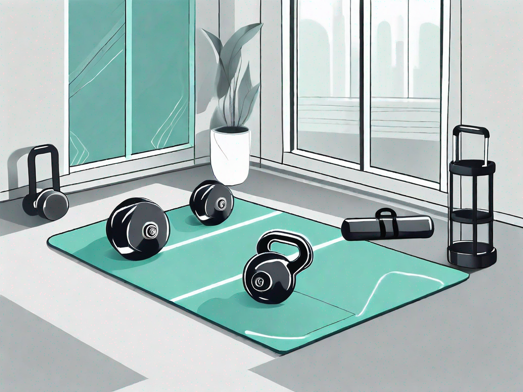 A gym setting with various fitness equipment like dumbbells